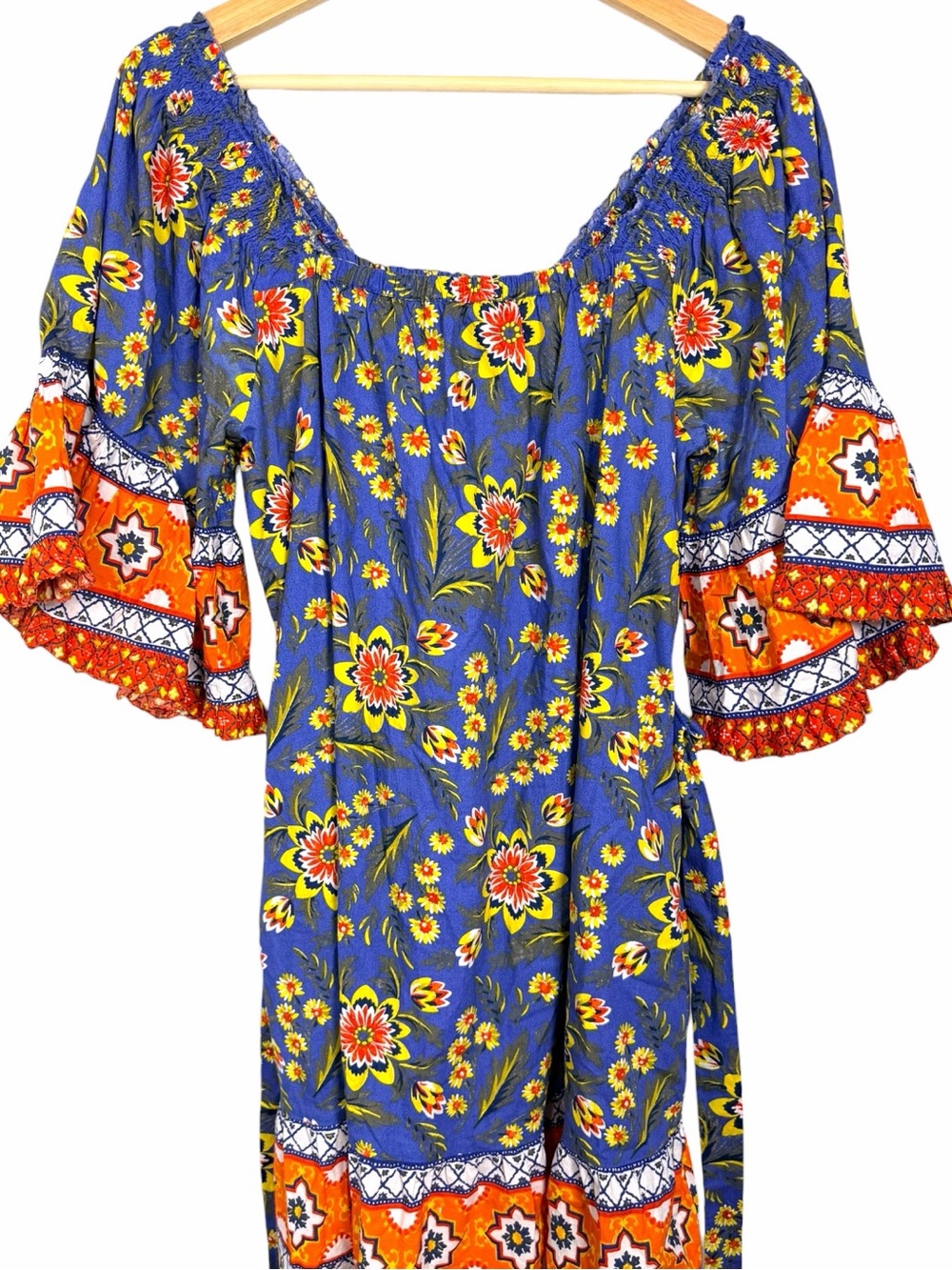Joie Chloris Baja Blue Cotton Floral Mini Dress L Off Shoulder Boho - Picture 10 of 12